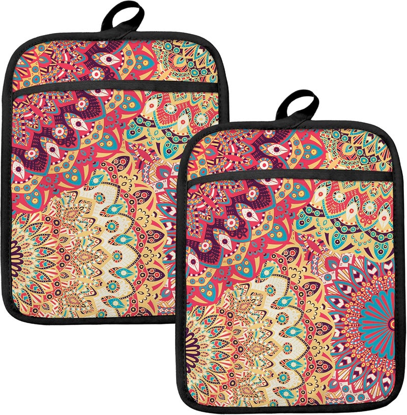 HUGANE Colorful Abstract Mandala Floral Pot Holders for Kitchen, Boho Vibrant Ethnic Flower Botanical Heat Resistant Hot Pads and Oven Mitts for Baking Cooking - Image 1